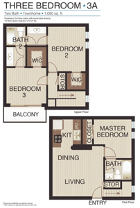 Three Bedroom / Two Bath - Townhome - Plan 3A - 1,050 Sq. Ft.*